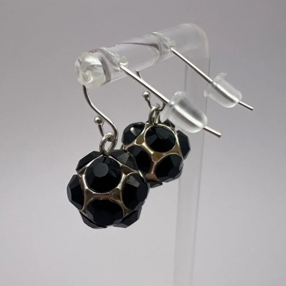 Vintage Black Rhinestone Sphere Dangle Earrings | Sterling Silver Hooks - Picture 9 of 10